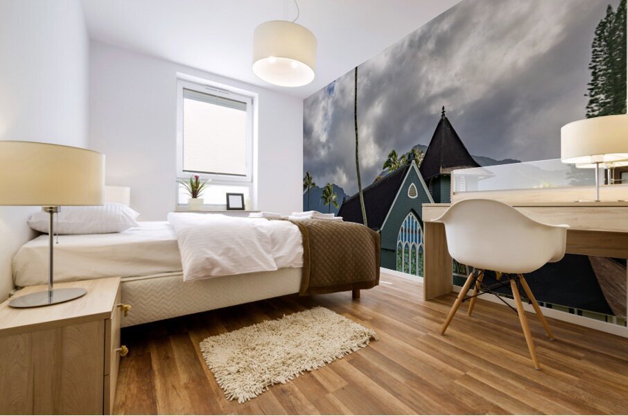 Waioli Huiia Church stands in Hanalei Kauai with waterfalls in Mural print