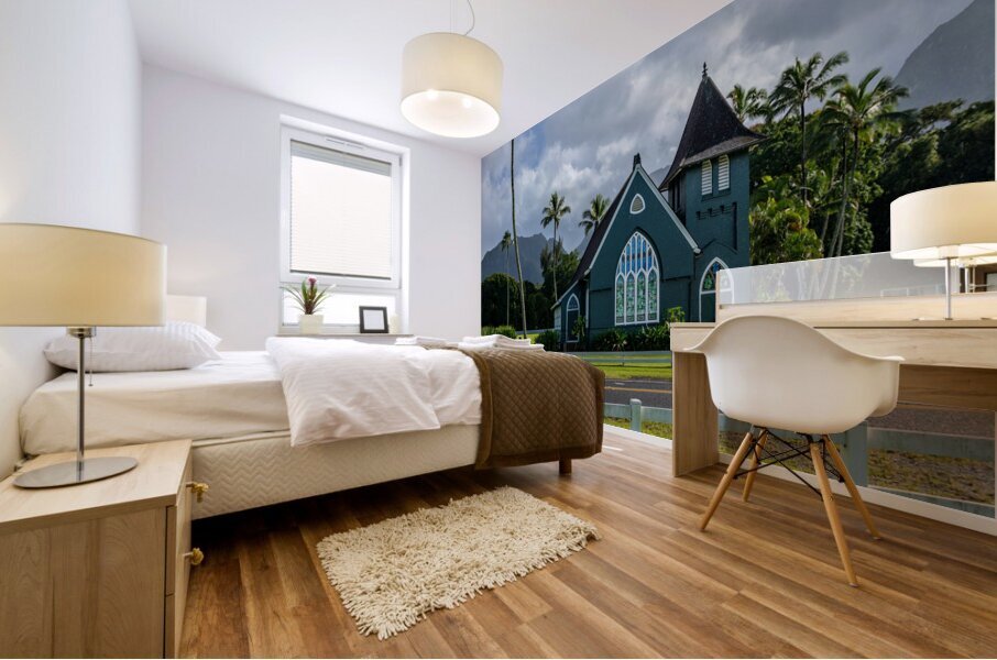 Waioli Huiia Church stands in Hanalei Kauai with the majestic  Mural print