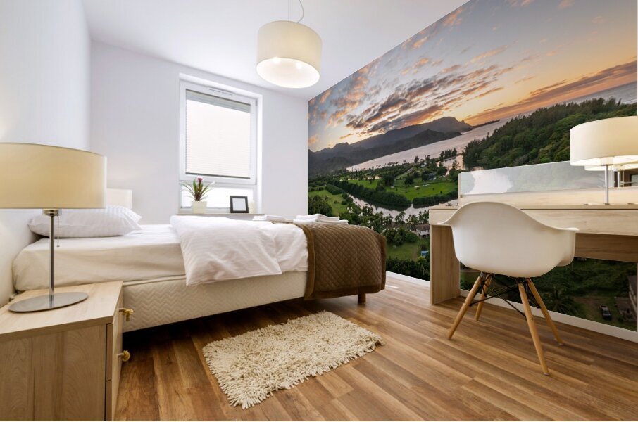 Panoramic aerial view of sunset over Hanalei Bay Mural print