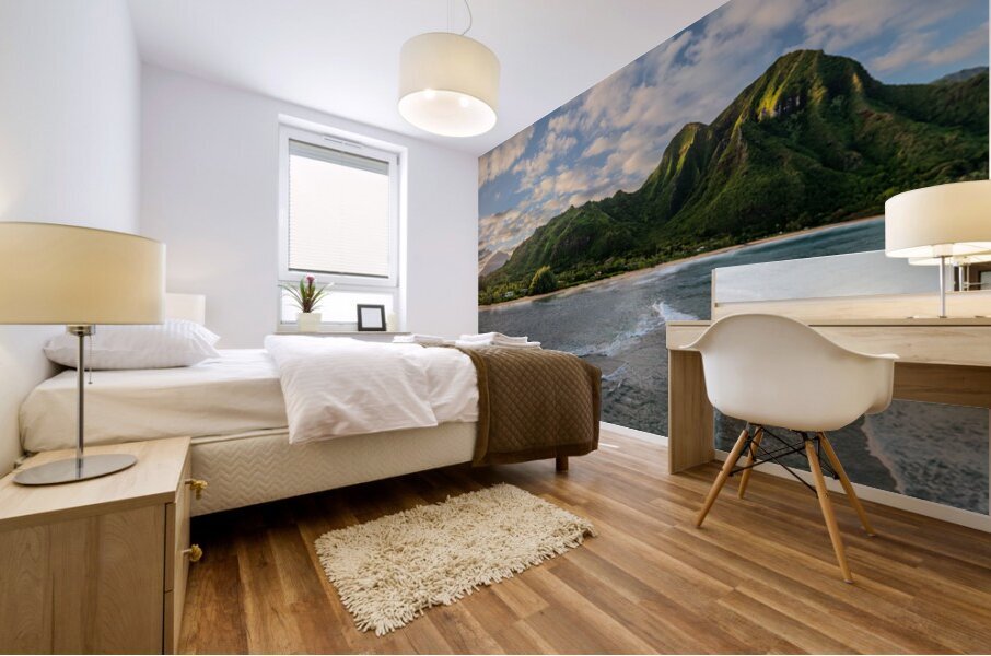 Panorama of Tunnels Beach at sunset in Kauai Hawaii with st Mural print