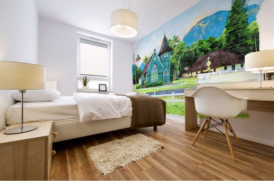 Waioli Huiia Church stands in Hanalei Kauai in watercolor Mural print