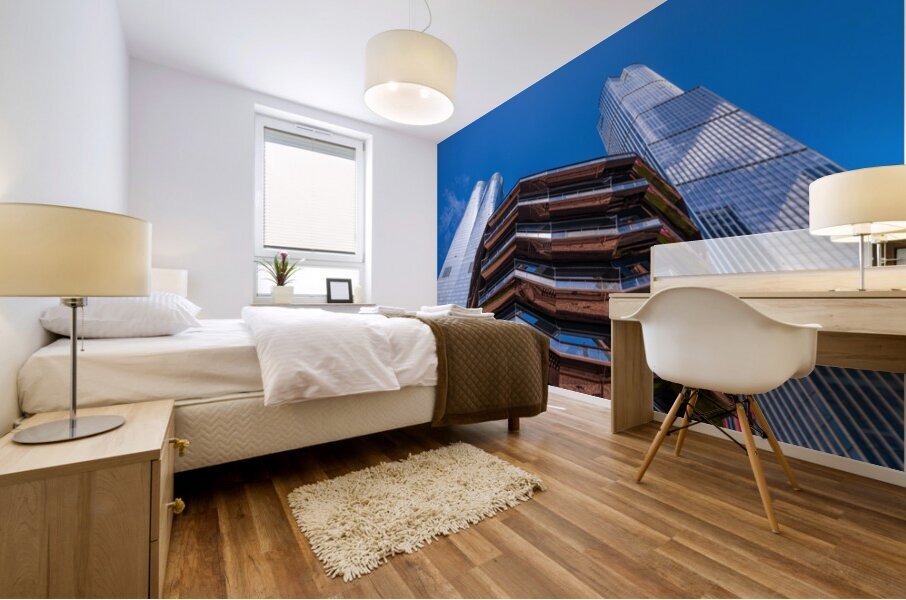 Reflective surface of the Vessel with a skyscraper behind with c Mural print