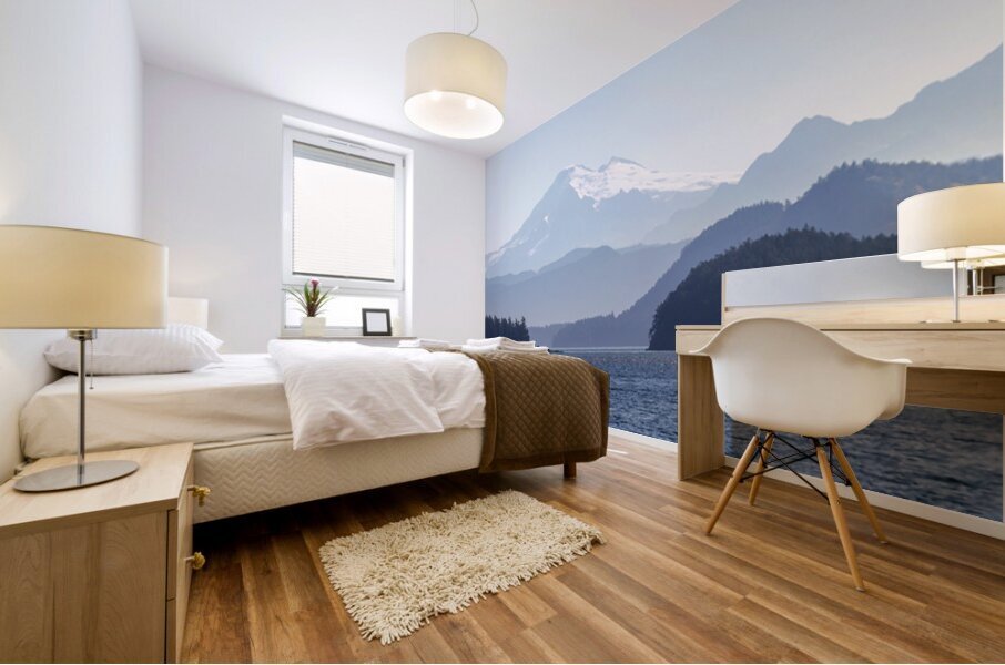 Shades of blue with Mt Baker in misty distance through Obstructi Mural print