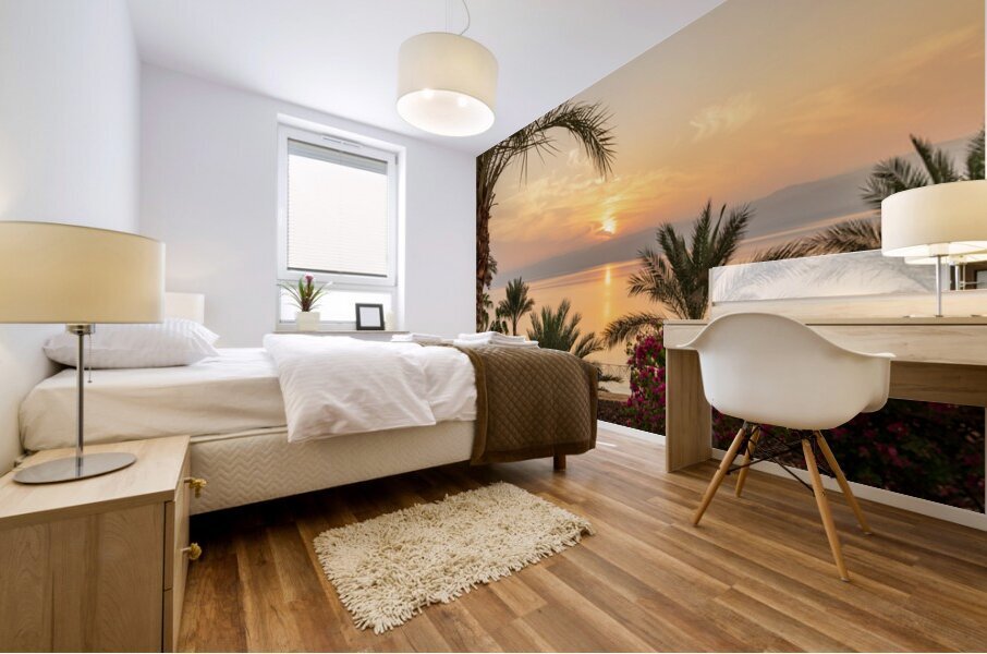 Sun setting behind the West Bank of Israel over Dead Sea Mural print