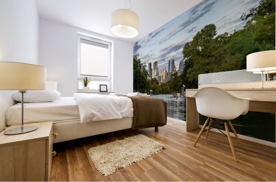 View of the Austin skyline at sunset over Barton Springs swimmin Mural print