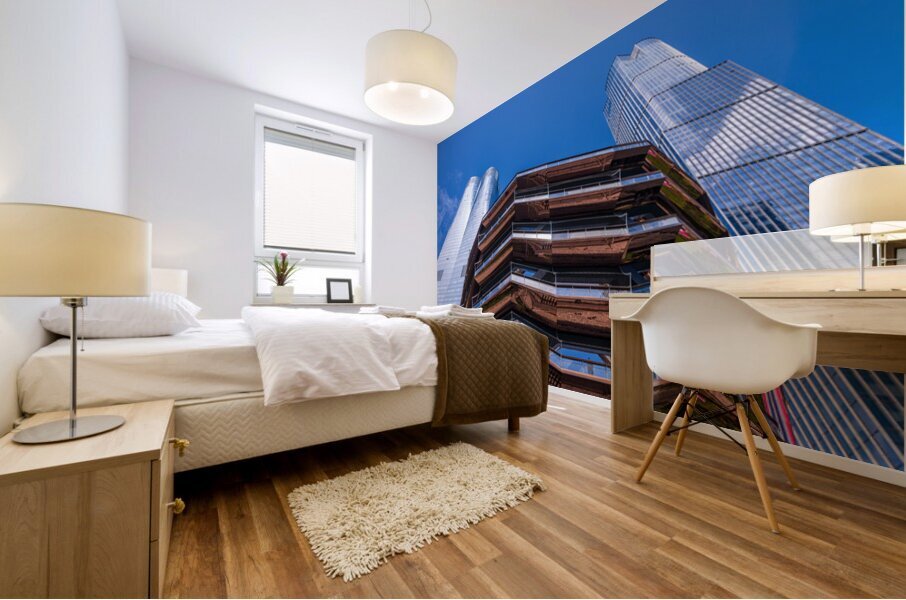 Reflective surface of the Vessel with a skyscraper behind with c Mural print