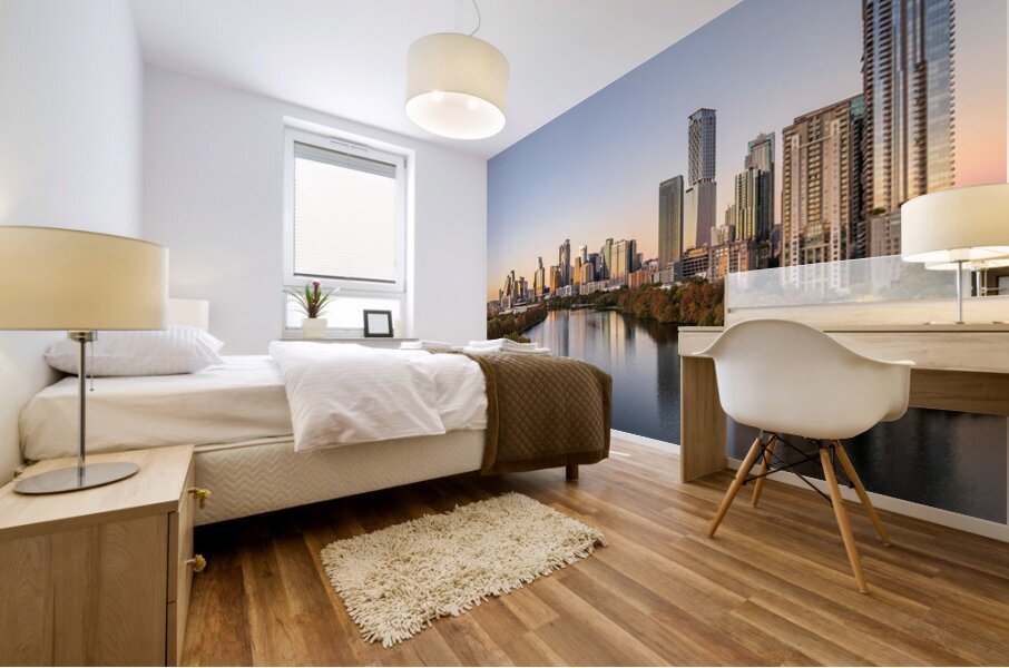 Water level view of downtown Austin Skyline from Lady Bird Lake Mural print