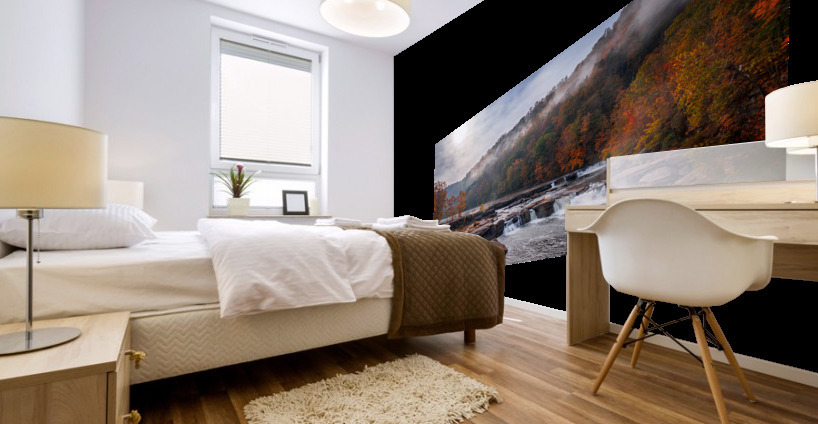 Sun rising over Valley Falls on a misty autumn day Mural print