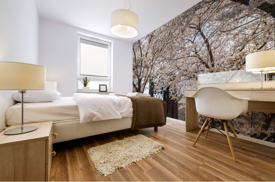 Blossoms by the steel girder bridge carries the bike walking trail Mural print