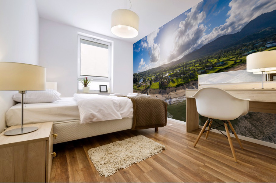 Aerial drone shot of Hanalei bay from over the pier Mural print