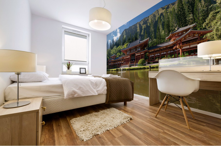 Byodo In buddhist temple under the tall mountain range Mural print