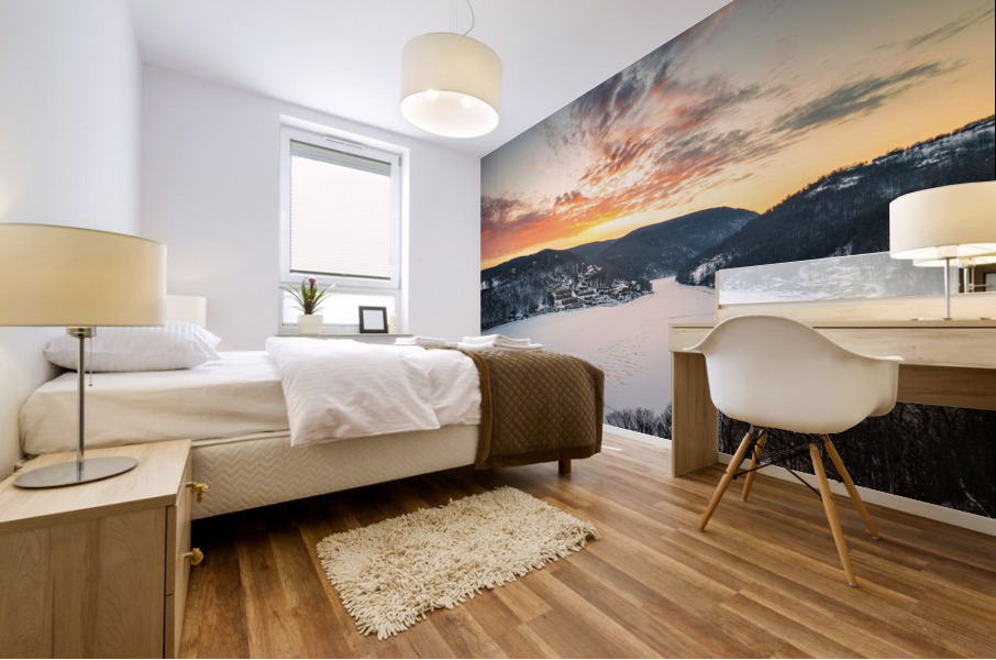 Aerial sunrise over frozen Cheat Lake Morgantown Mural print