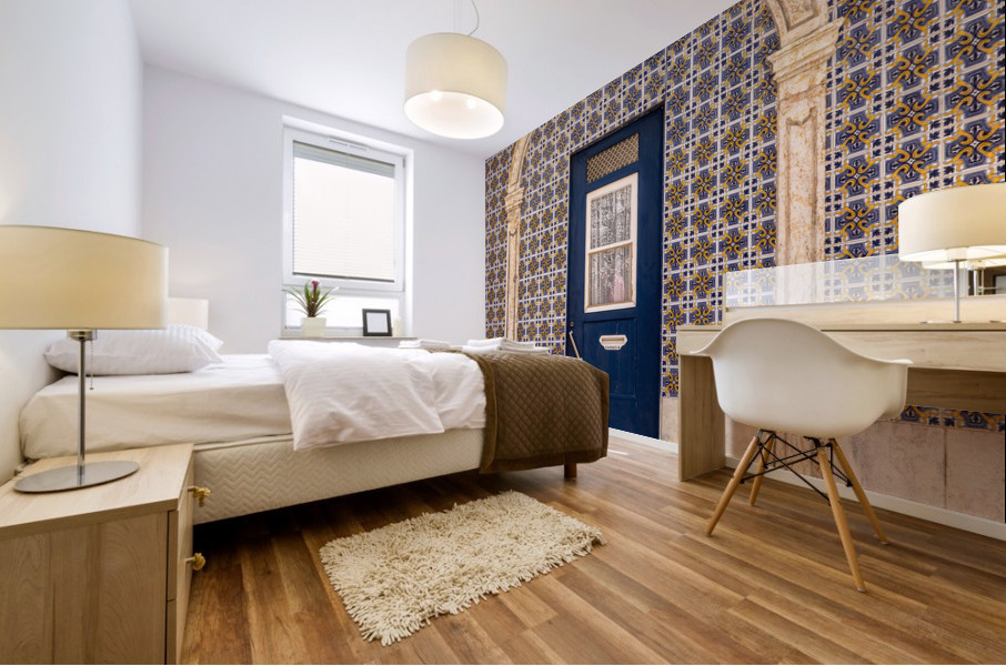 Blue door in ceramic tiled home in Lisbon Mural print