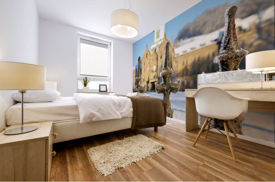 Railings in snow outside Weston Asylum Mural print