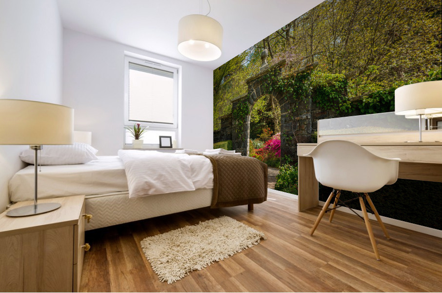 Archway frames Azaleas and Rhododendron trees in spring Mural print