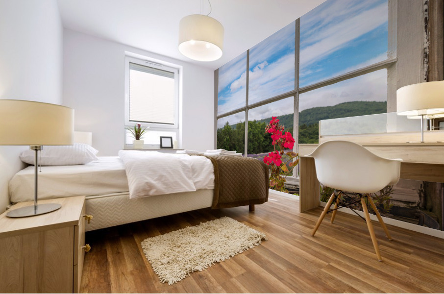 Lavender plants in blossom in early July through window Mural print