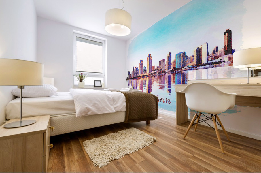 Watercolor painting of San Diego Skyline at sunset from Coronado Mural print