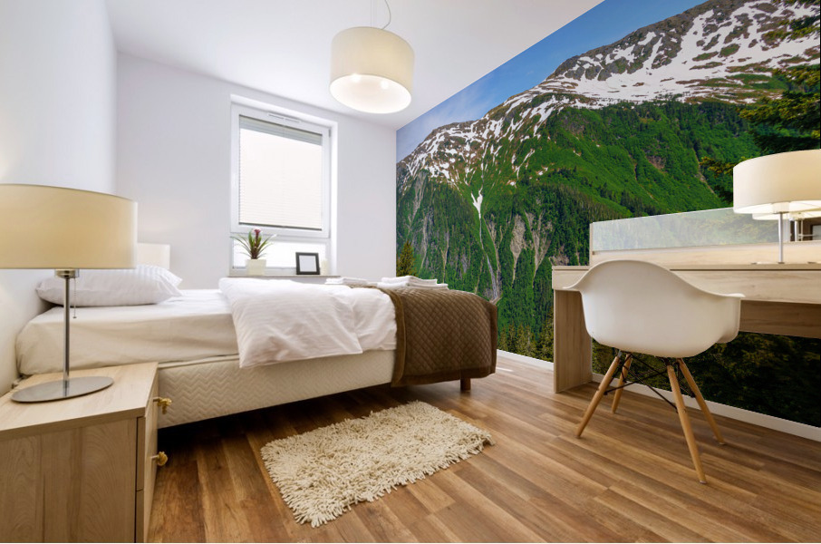 View from Mount Roberts toward Mt Juneau with waterfall in Alask Mural print