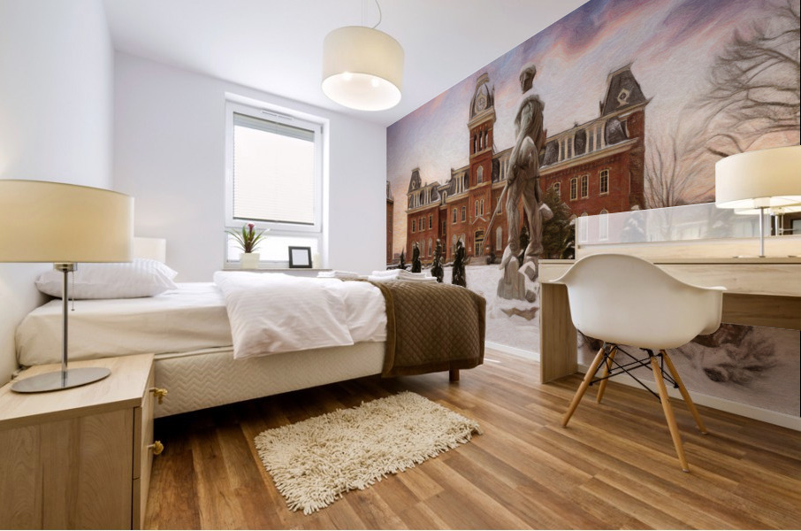 Pastel Mountaineer statue against Woodburn Hall Mural print