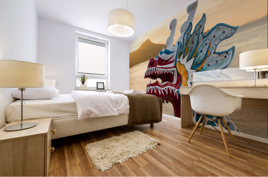 Dragon head carving on Hawaiian canoe in Oahu Mural print