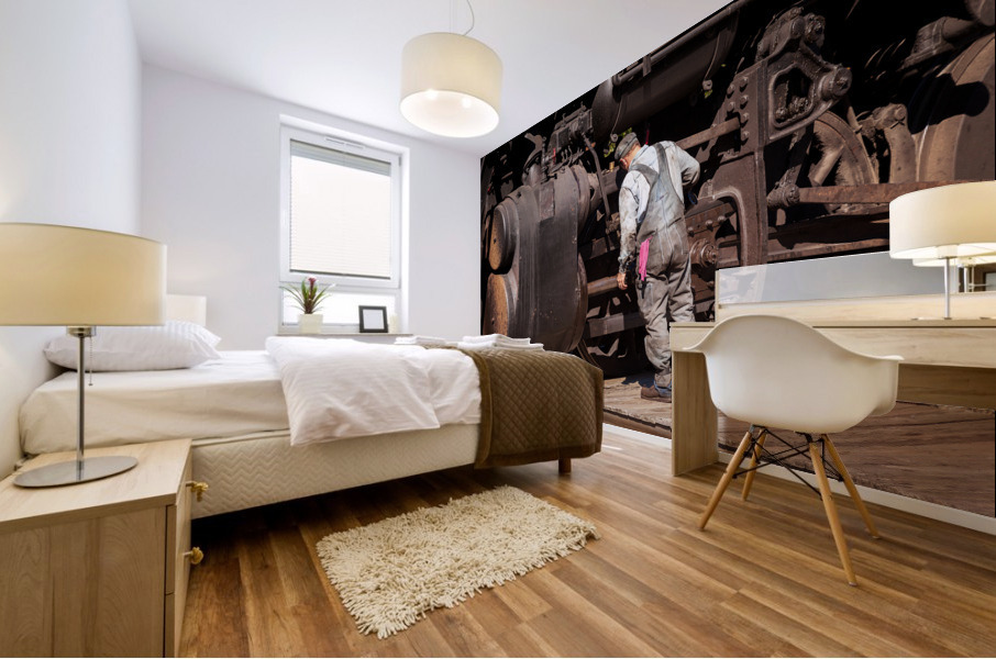 Mechanic checks 1916 Baldwin locomotive Mural print