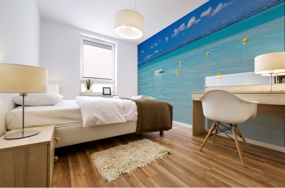 Speedboat in calm sea off Grand Case St Martin Mural print