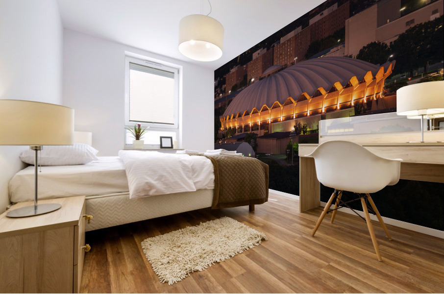 Illuminted Coliseum at WVU at dusk Mural print