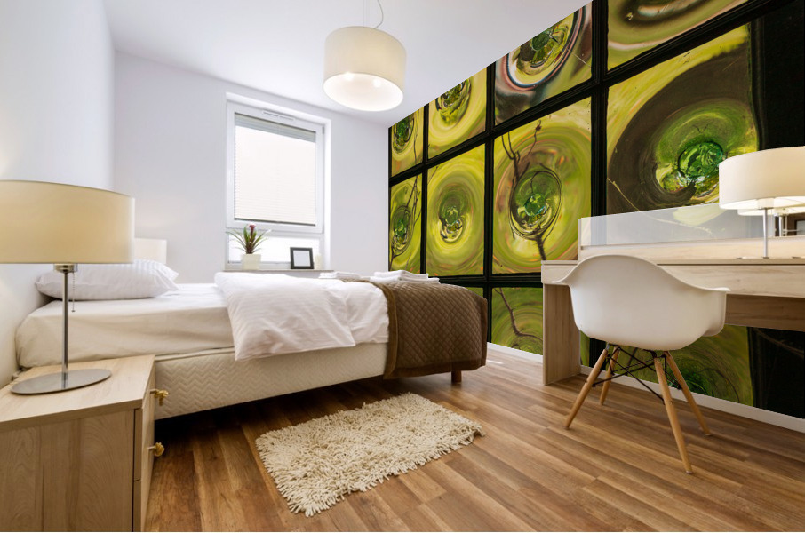 Window of old crown glass panes reflected garden Mural print