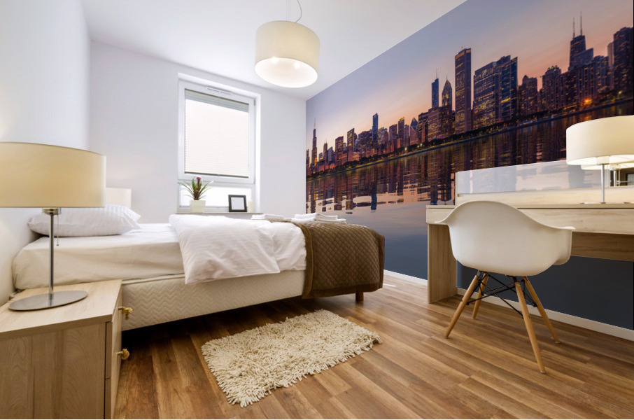 Sunset over city skyline Chicago from Observatory Mural print