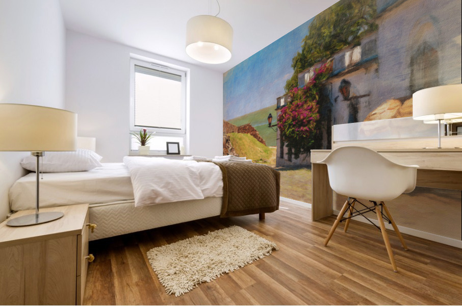 Oil painting of cobbled street in Colonia del Sacramento Mural print