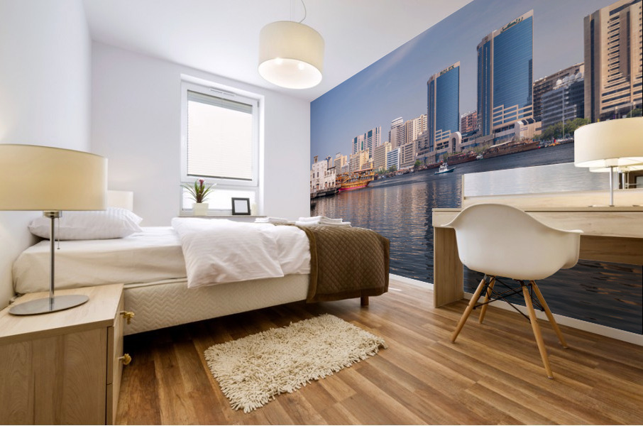 The Creek by Bur Dubai and Al Seef with large docked cruise boat Mural print