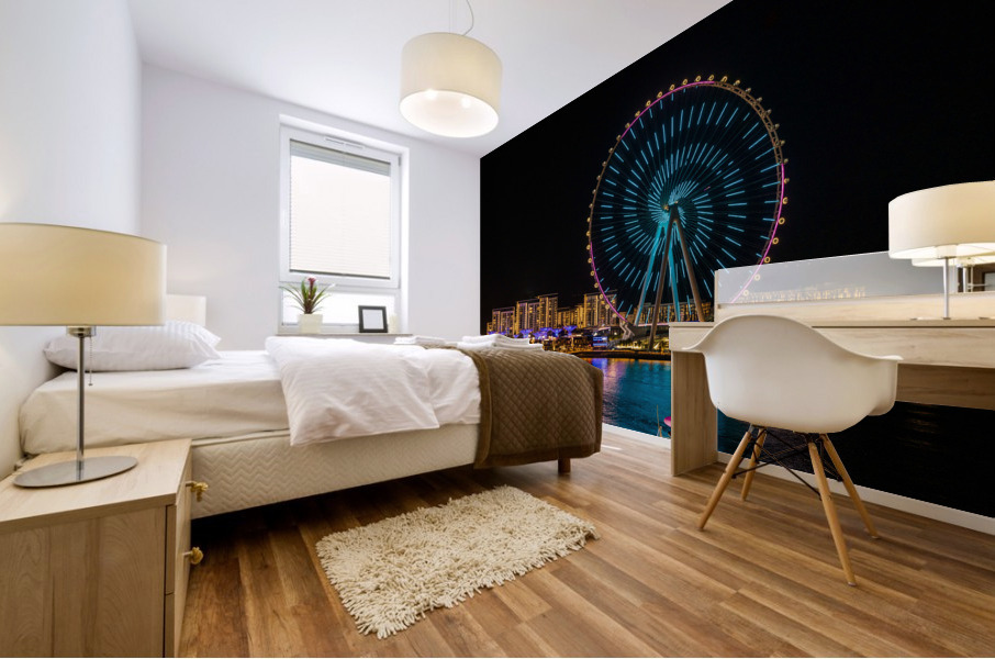 Light show on Ain Dubai observation wheel at sunset Mural print
