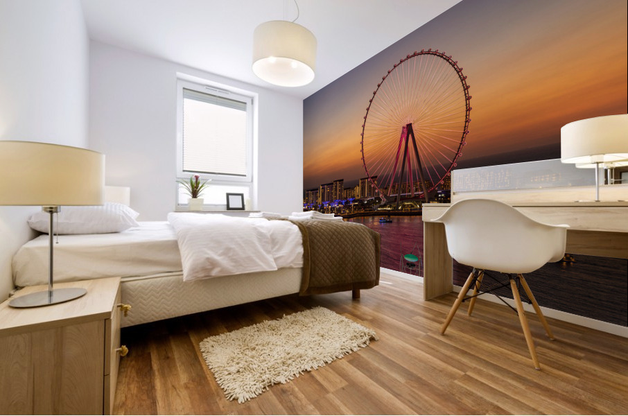 Light show on Ain Dubai observation wheel at sunset Mural print