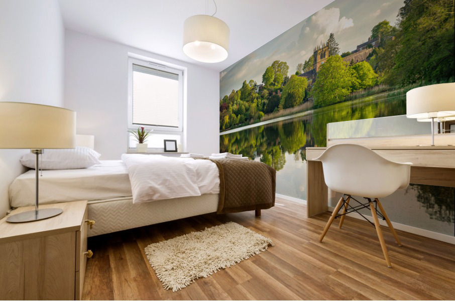 Panorama across the Mere to the town of Ellesmere in Shropshire Mural print