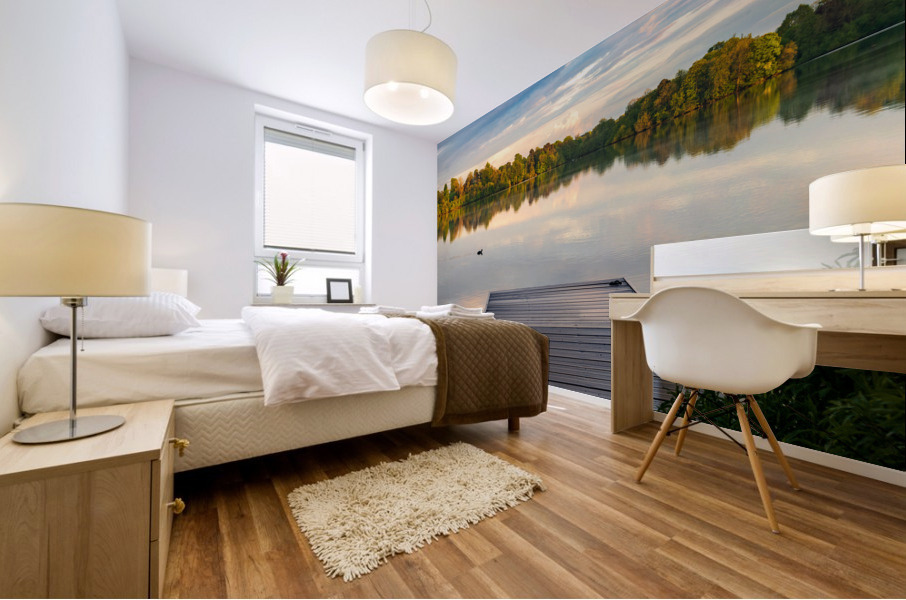 View across the Ellesmere Mere to a clear reflection of distant  Mural print