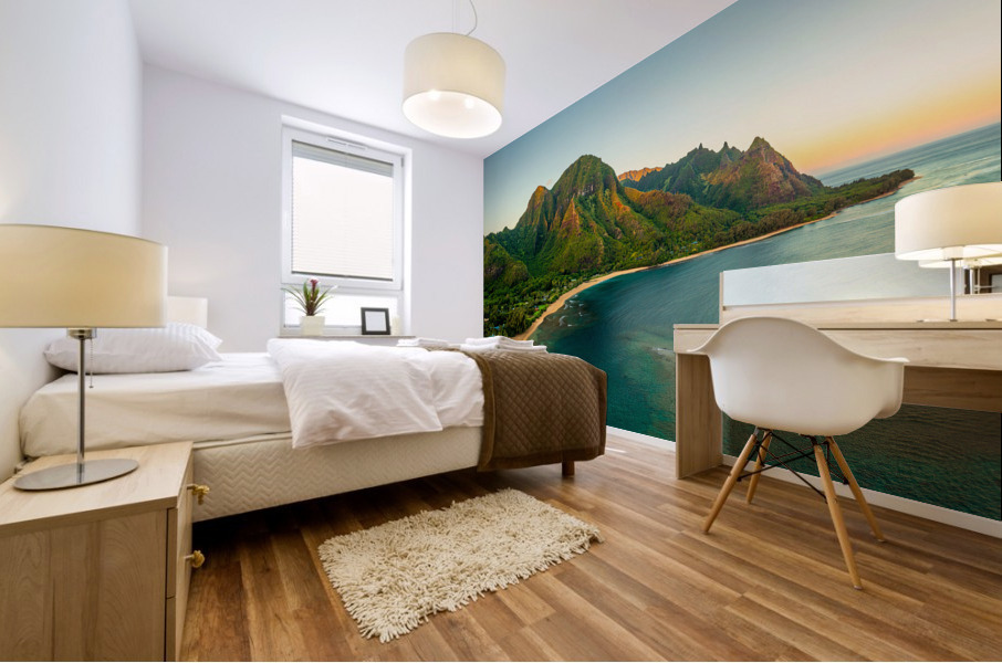 Sunrise aerial view of Tunnels Beach at dawn on Kauai in Hawaii Mural print