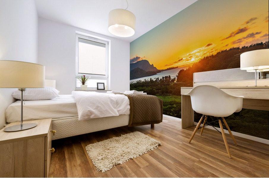 Sunset over Hanalei bay from overlook on the road Mural print