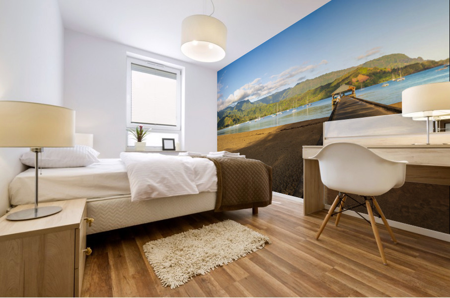 Panorama of the sandy beach and Hanalei Pier at sunrise Mural print