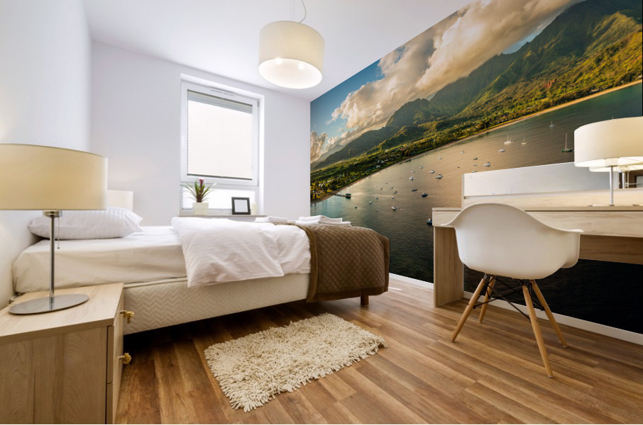 Aerial panorama over the town of Hanalei and valley at sunrise Mural print