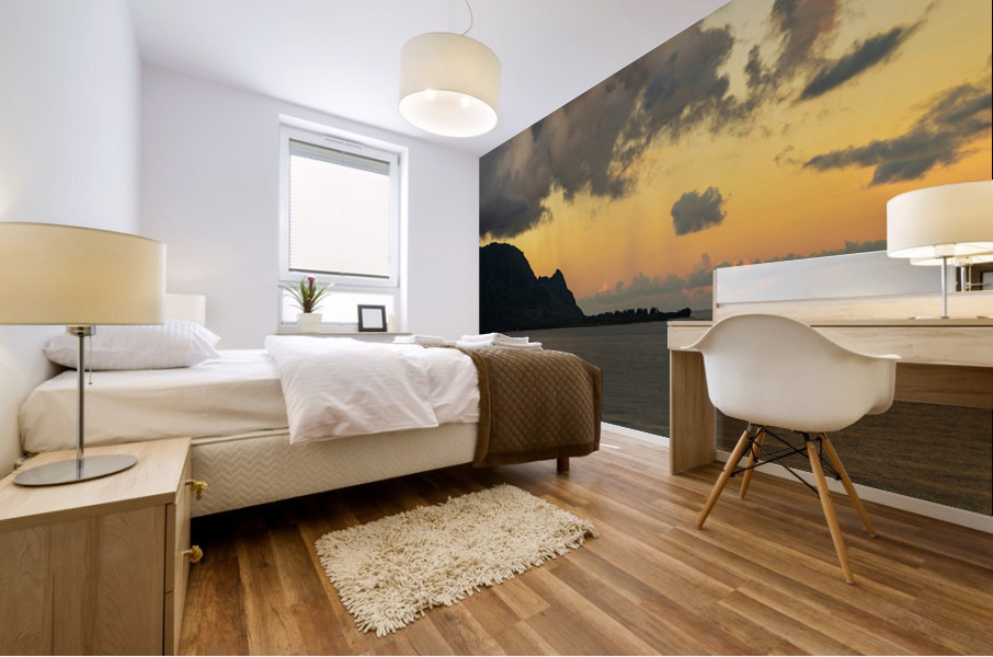 Sunrise over Hanalei bay with silhouette of north shore peaks Mural print