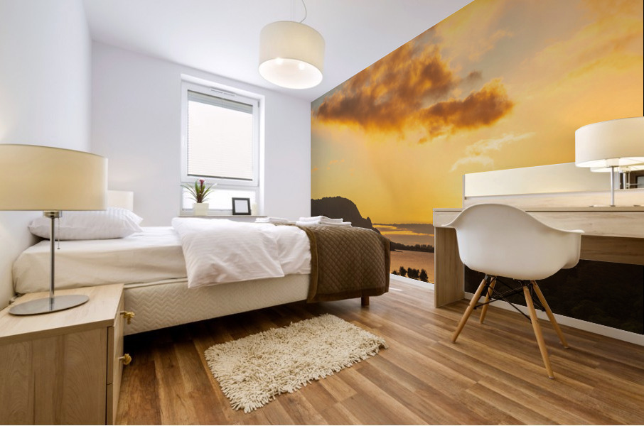 Sunset over Hanalei bay from overlook on the road Mural print