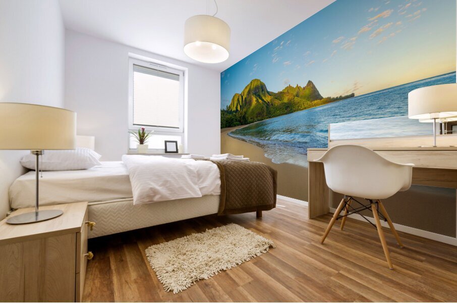 Early morning sunrise over Tunnels Beach on Kauai in Hawaii Mural print