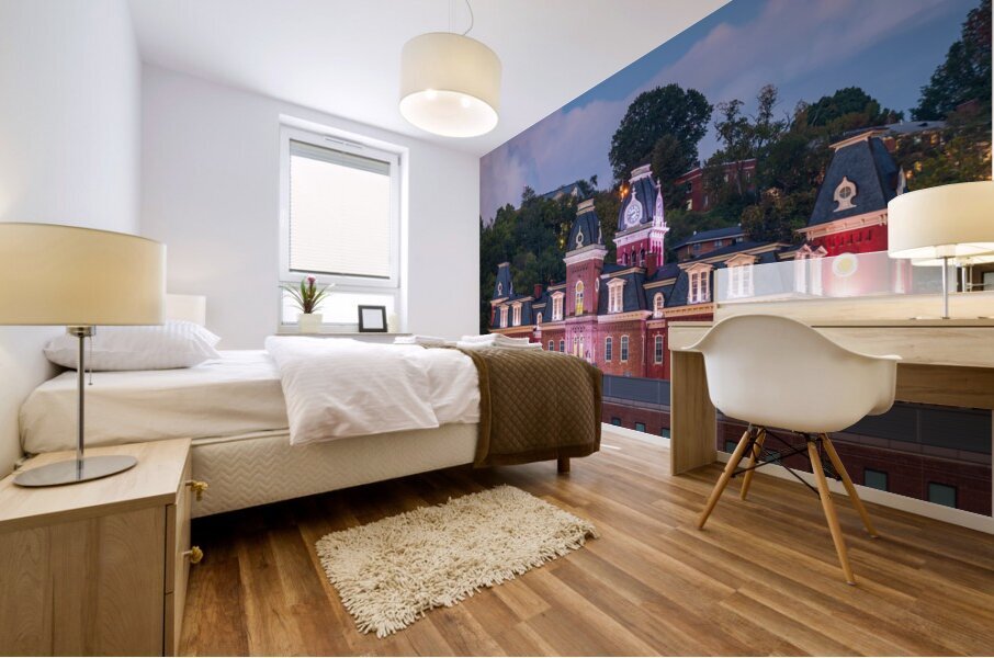 Woodburn Hall illuminated at dusk in Morgantown WV Mural print