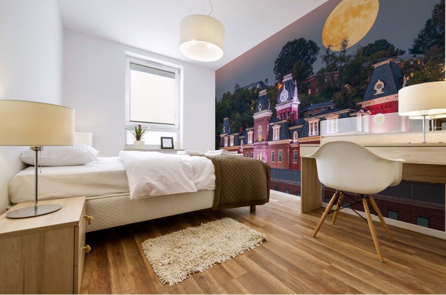 Moonrise over illuminated Woodburn Hall at WVU Morgantown Mural print