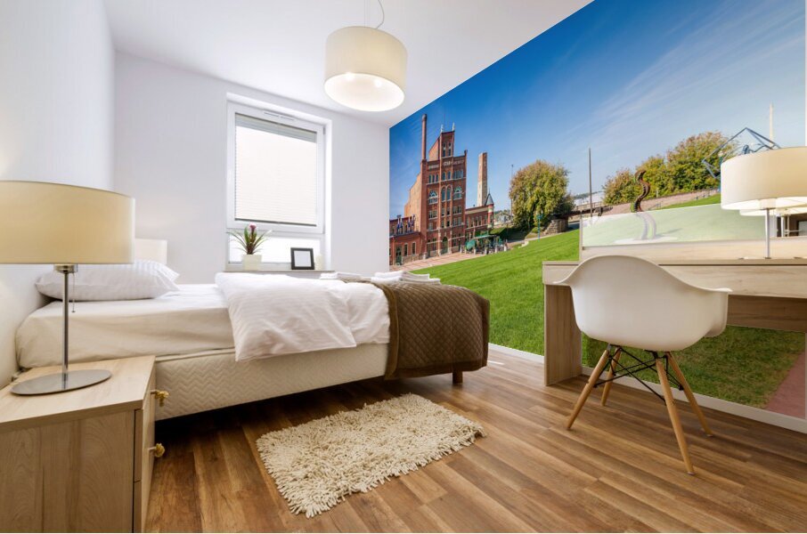 Historic Dubuque Star Brewery alongside Mississippi river Mural print