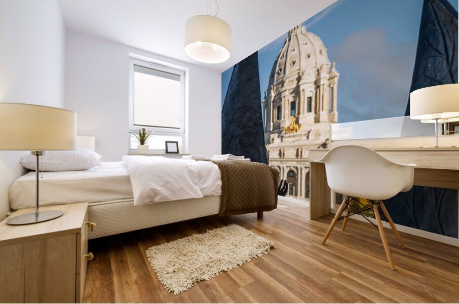 Facade of the State Capitol building in St Paul behind hands Mural print