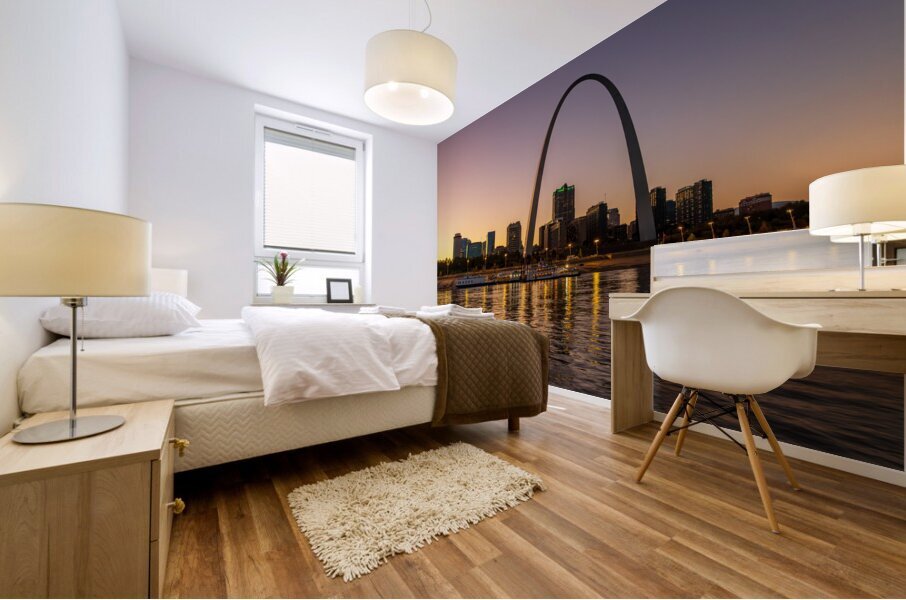 Reflections of St Louis and Gateway Arch in Mississippi River Mural print