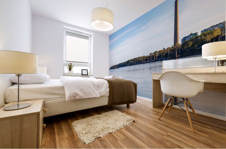 New Madrid power station above sand banks of Mississippi river i Mural print