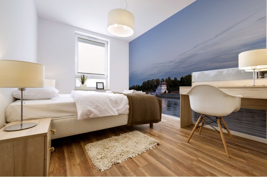 Freight barges on Mississippi river at dusk with moon Mural print