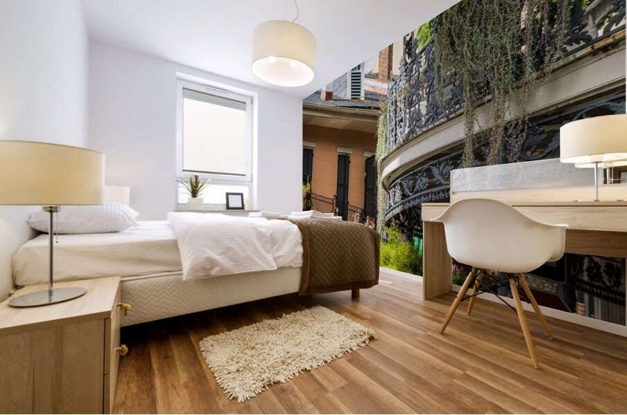 Traditional wrought iron balcony on brick New Orleans house Mural print